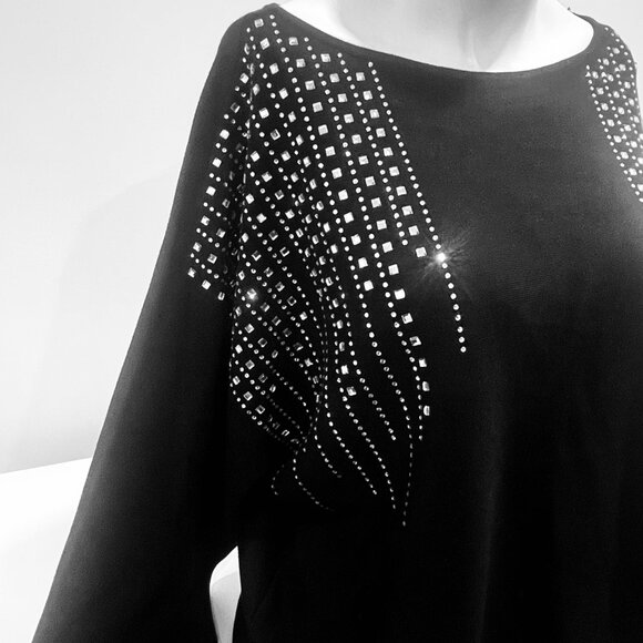 NWT Anne Klein Black Embellished Studded Pullover Sweater Rhinestone Top L - Picture 3 of 7